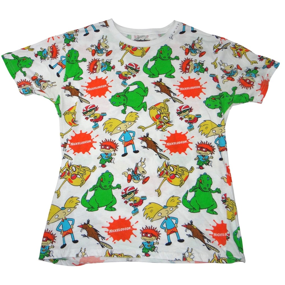 Nickelodeon 90s Cartoons All Over Print Shirt‎ Mens Medium White Rugrats Reptar